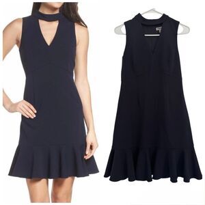 Chelsea 28 Women's Size 8P MEDIUM Navy Dress Sleeveless Ruffle Shocker V-neck